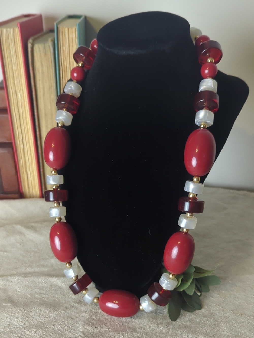 Vintage Monet Red 90's Retro Necklace Chunky Lucite & Gold Beaded Cranberry